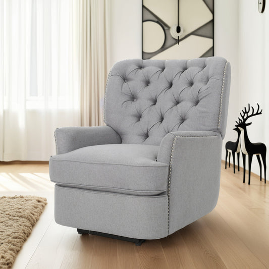 Power Recliner Lounge Chair, Button Tufted Gray Soft Fabric, Copper Accents