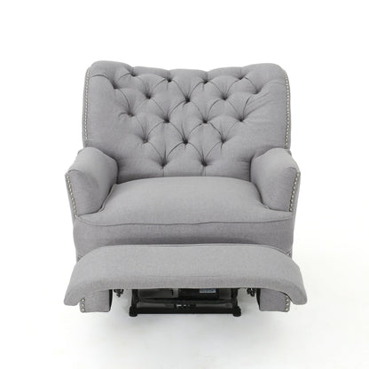 Power Recliner Lounge Chair, Button Tufted Gray Soft Fabric, Copper Accents