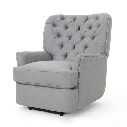 Power Recliner Lounge Chair, Button Tufted Gray Soft Fabric, Copper Accents