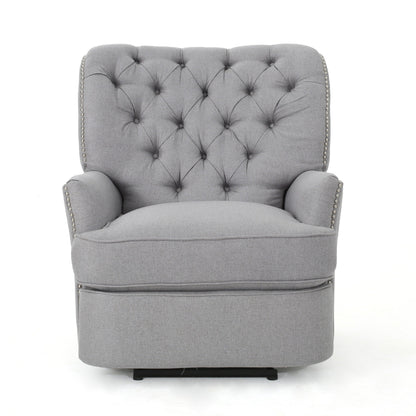 Power Recliner Lounge Chair, Button Tufted Gray Soft Fabric, Copper Accents