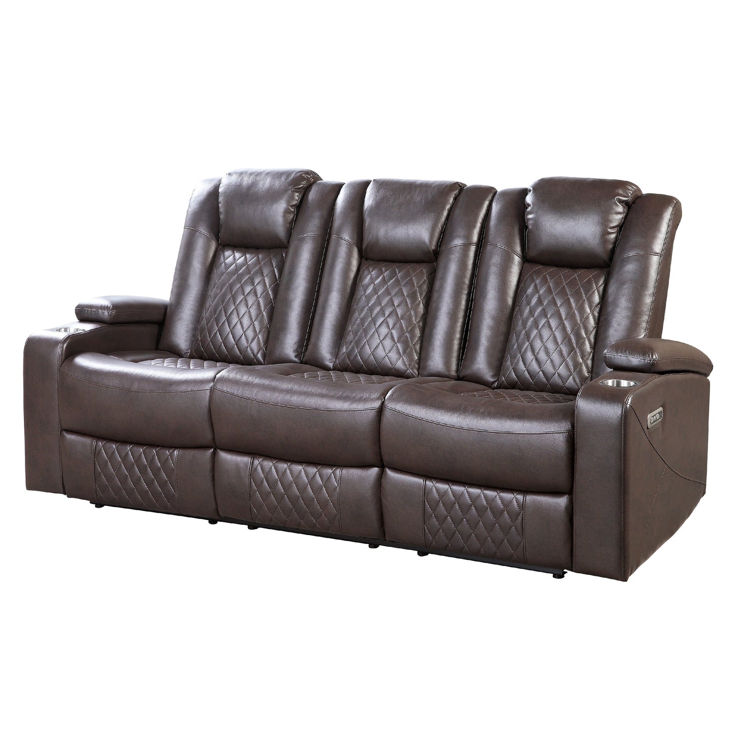 Power Recliner Sofa, 83 Inch, Brown Faux Leather, Drop Down Table