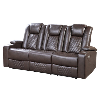 Power Recliner Sofa, 83 Inch, Brown Faux Leather, Drop Down Table