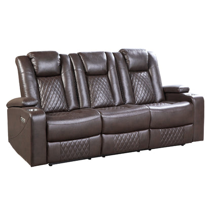 Power Recliner Sofa, 83 Inch, Brown Faux Leather, Drop Down Table