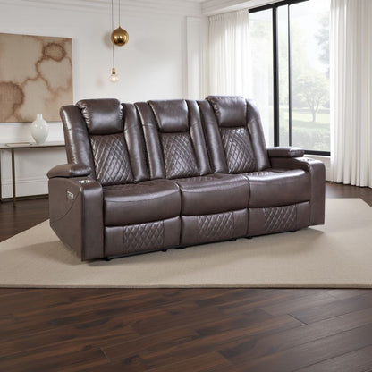 Power Recliner Sofa, 83 Inch, Brown Faux Leather, Drop Down Table