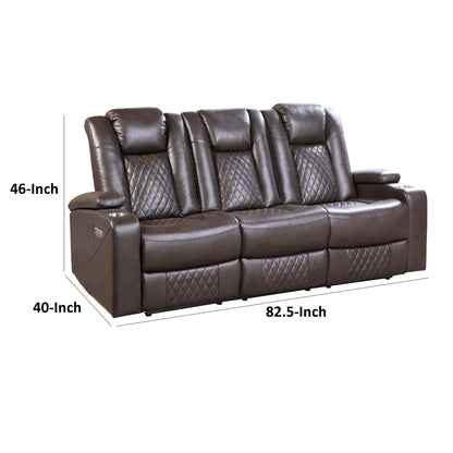 Power Recliner Sofa, 83 Inch, Brown Faux Leather, Drop Down Table