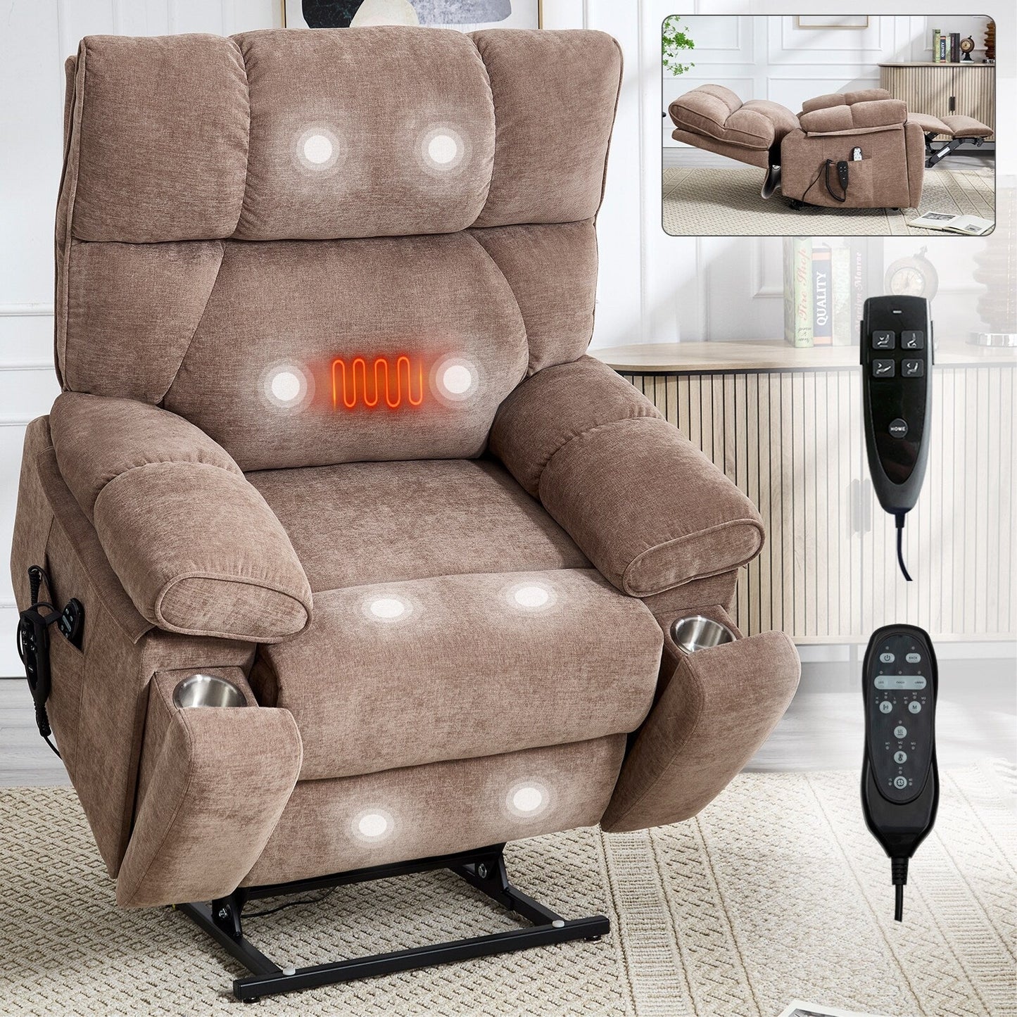 Power-Remote Lift Recliners with Hidden Cup Holders, Heat Massage