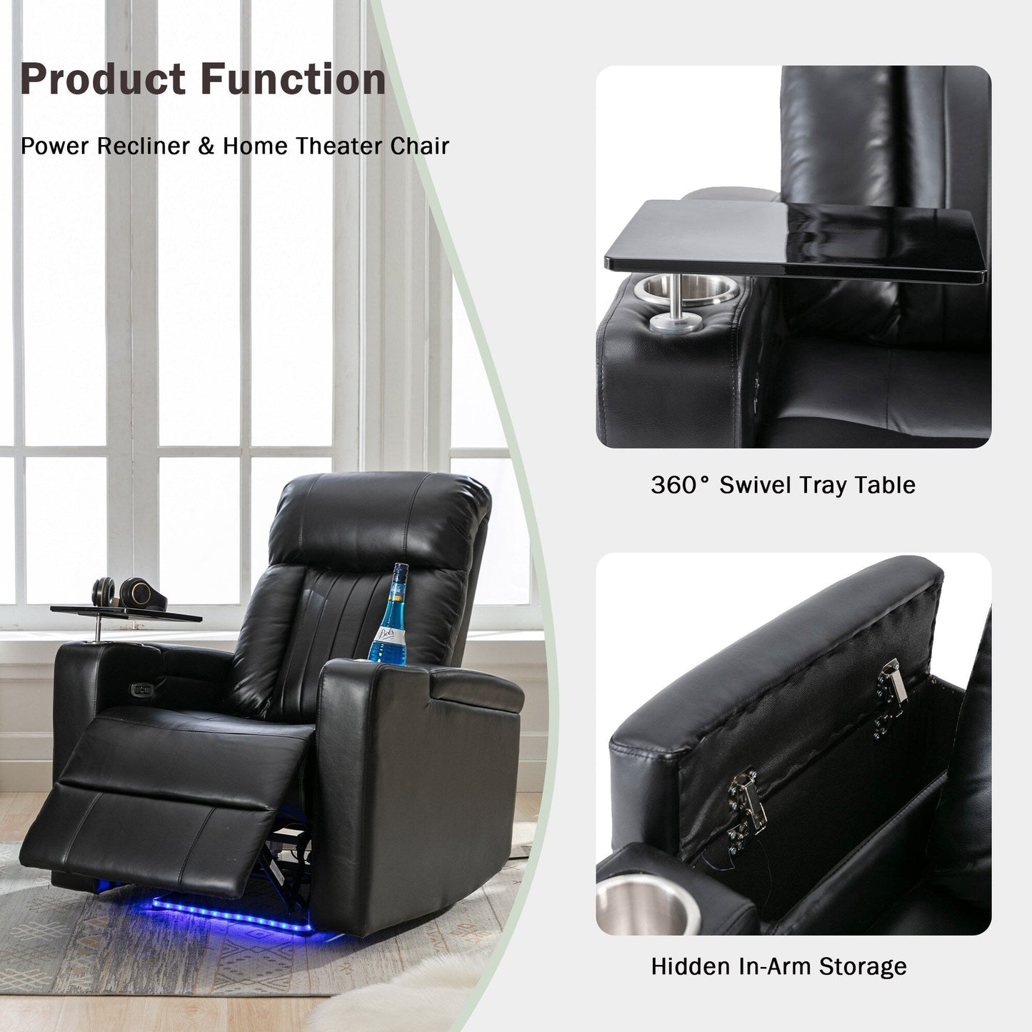 Premium Power Recliner with Storage Arms, Cupholders, Swivel Tray Table and Cell Phone Stand