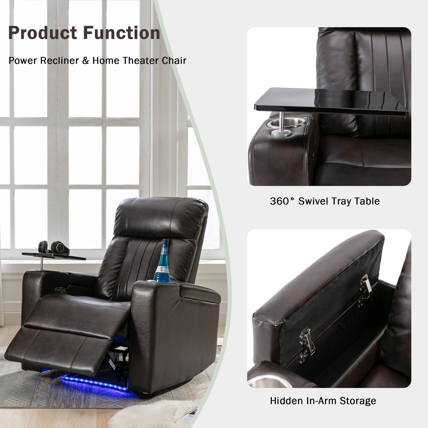 Premium Power Recliner with Storage Arms, Cupholders, Swivel Tray Table and Cell Phone Stand