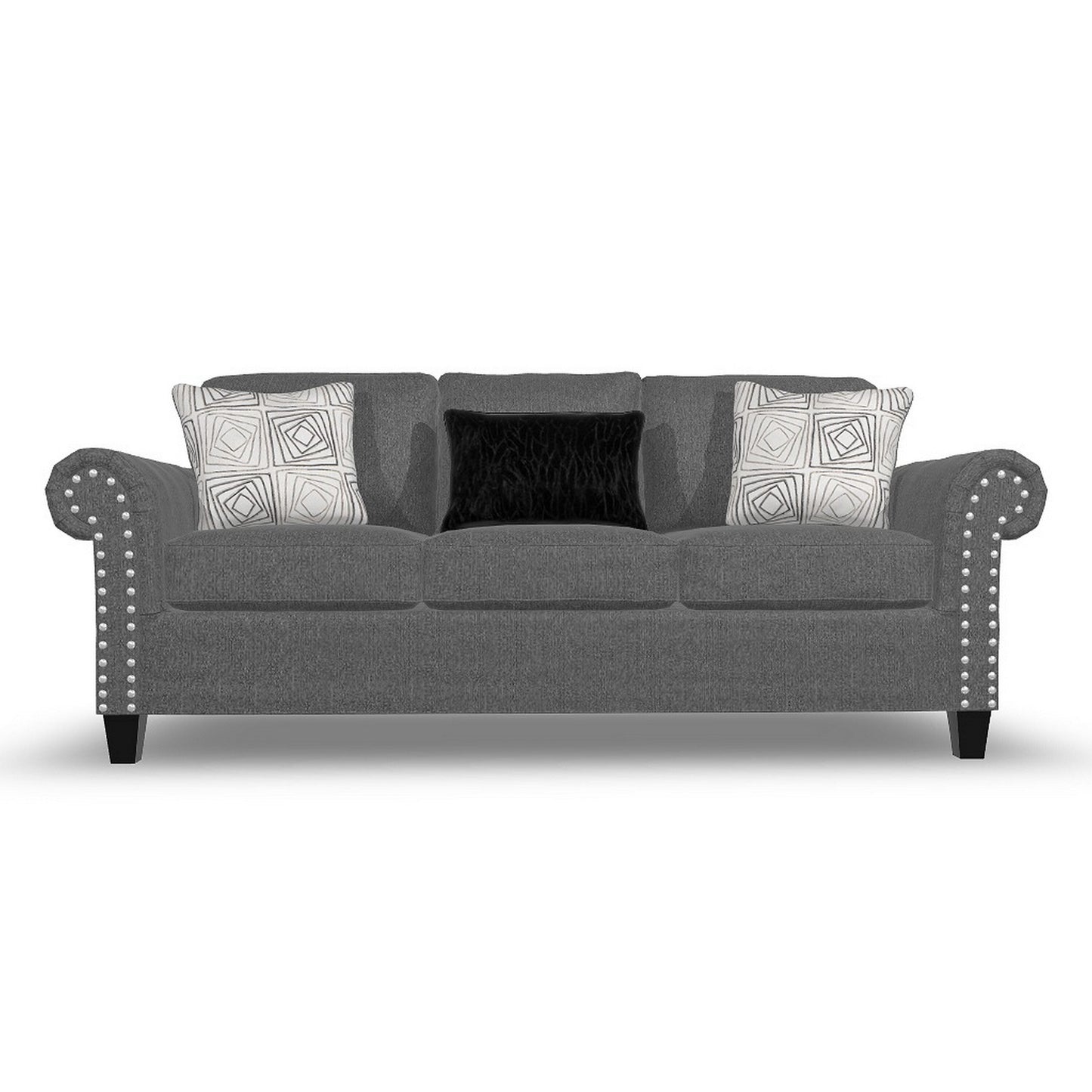 Preston Sofa, Gray Chenille, Faux Fur, 3 Accent Throw Pillows, 91 Inch