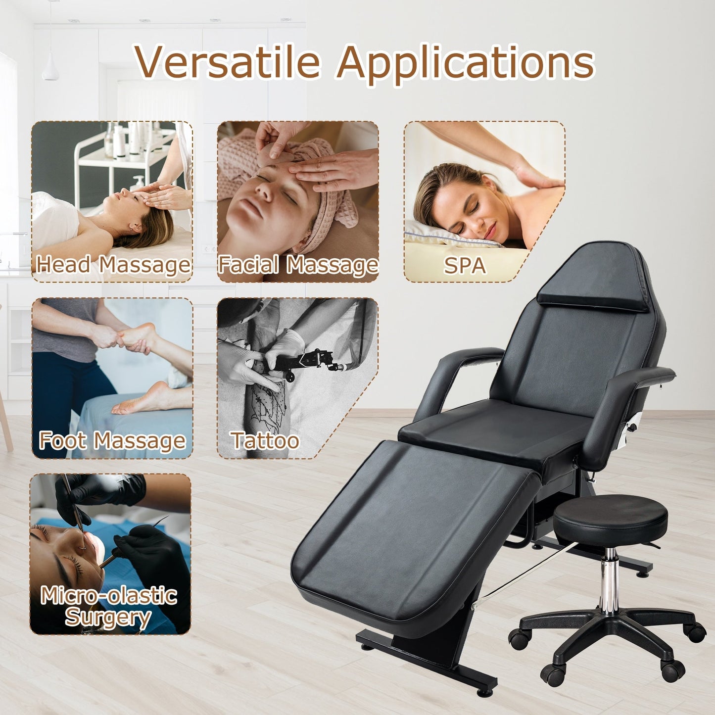 Professional Massage Spa Salon Bed Chair, Folding Lash Bed with Hydraulic Stool Adjustable Facial Chair Bed