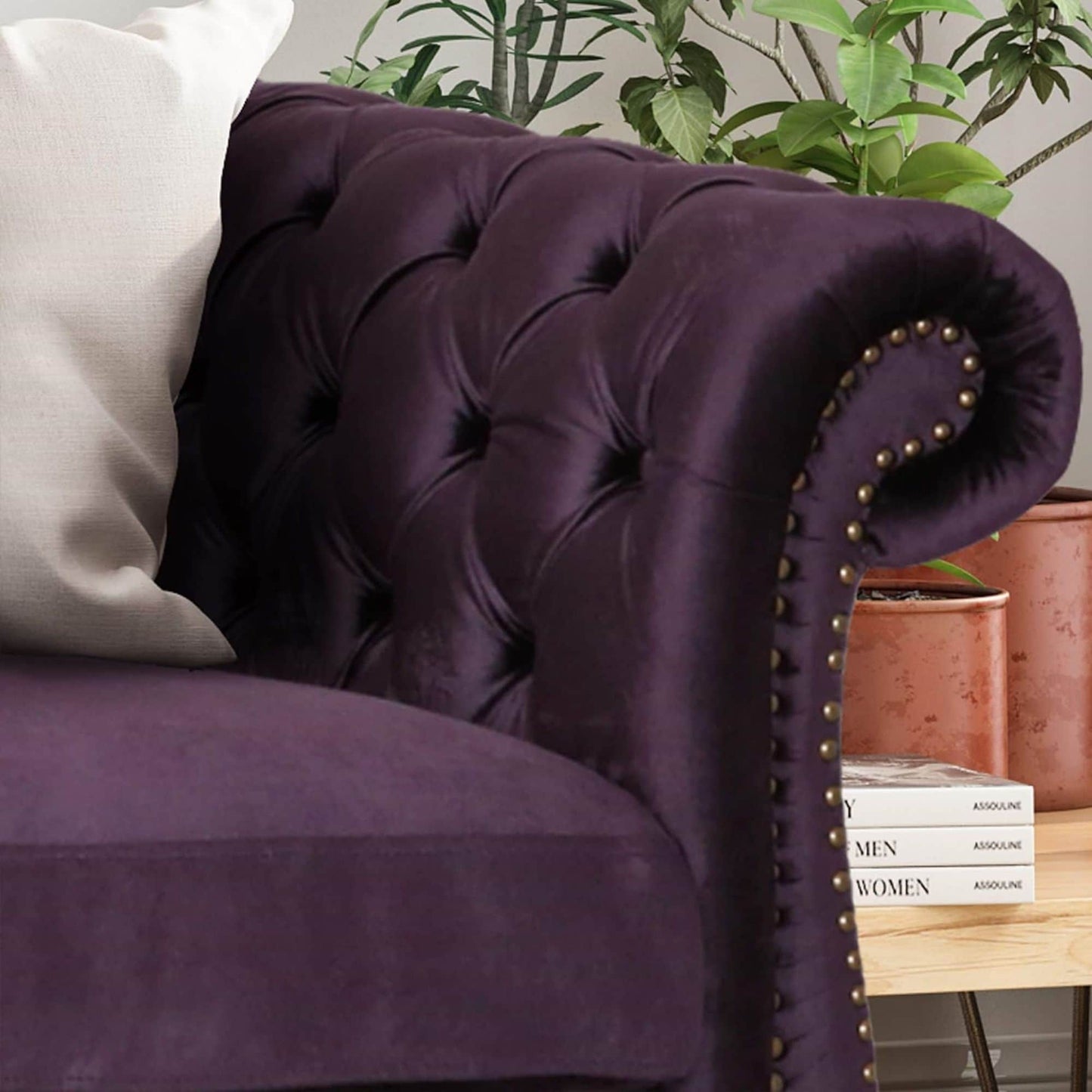 Purple Chesterfield 84.75 Button Tufted Upholstered 3-seater Sofa with Nailheads and Wood Legs for Living Room