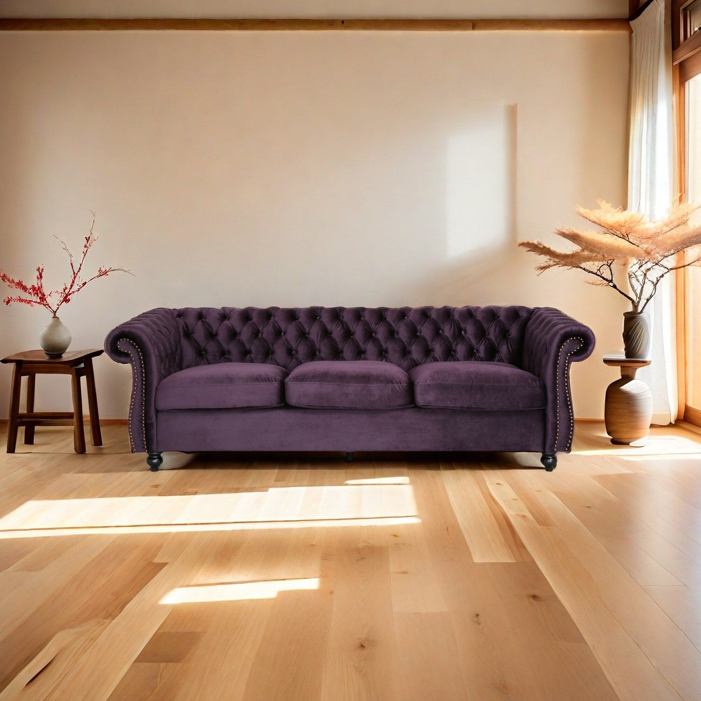 Purple Chesterfield 84.75 Button Tufted Upholstered 3-seater Sofa with Nailheads and Wood Legs for Living Room