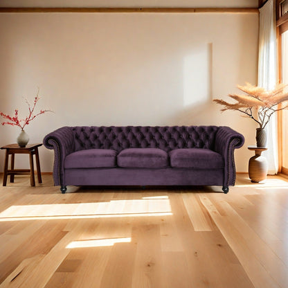 Purple Chesterfield 84.75 Button Tufted Upholstered 3-seater Sofa with Nailheads and Wood Legs for Living Room