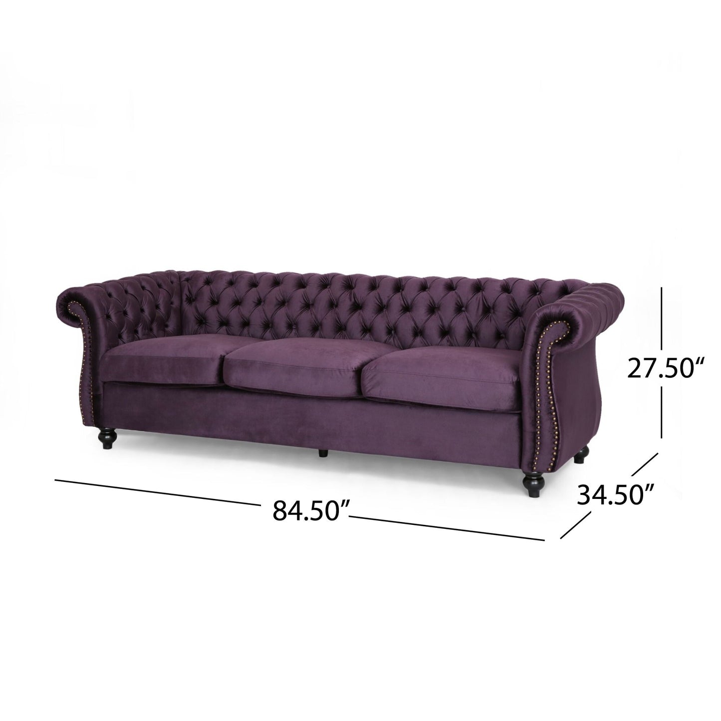 Purple Chesterfield 84.75 Button Tufted Upholstered 3-seater Sofa with Nailheads and Wood Legs for Living Room