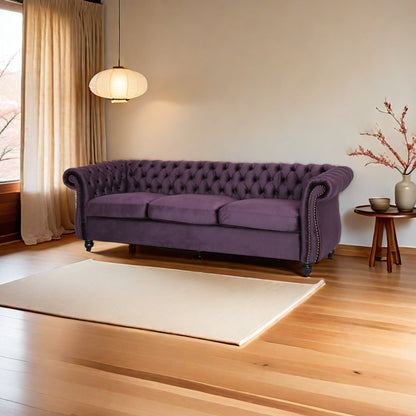 Purple Chesterfield 84.75 Button Tufted Upholstered 3-seater Sofa with Nailheads and Wood Legs for Living Room