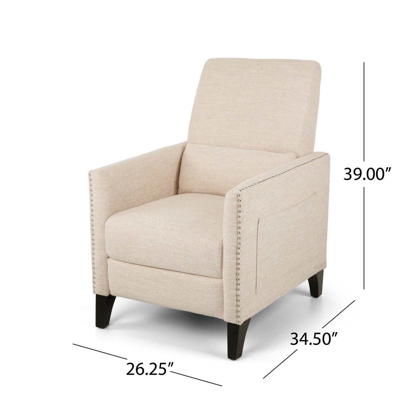 Push Back Manual Recliner Chair, Nailhead Trim Accent, Beige Fabric