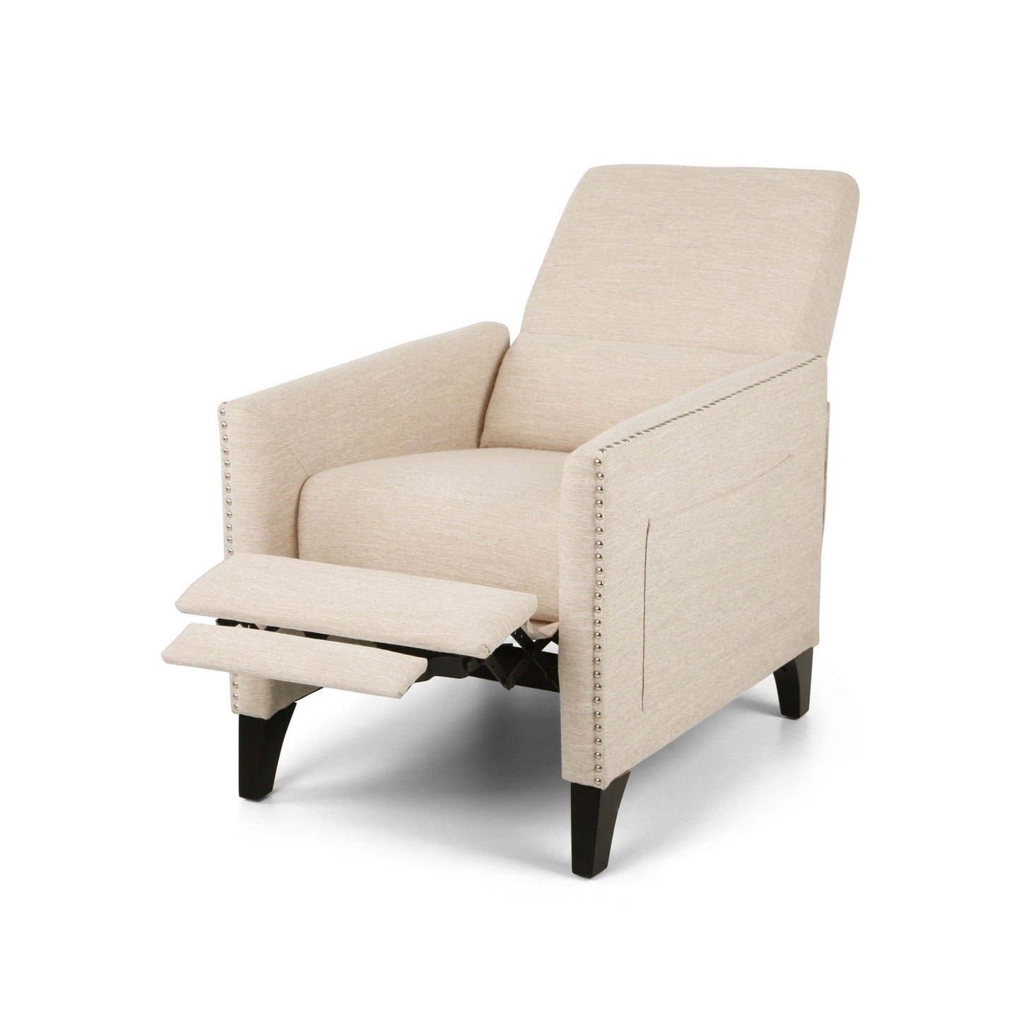 Push Back Manual Recliner Chair, Nailhead Trim Accent, Beige Fabric