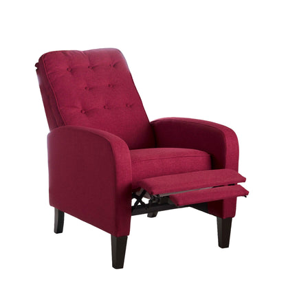 Push Back Recliner Chair, Birch Wood Legs, Red Button Tufted Polyester