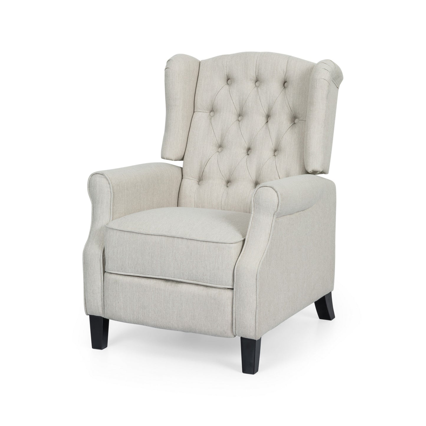 Push Back Recliner, Dark Brown Birch Wood, Beige Button Tufted Fabric