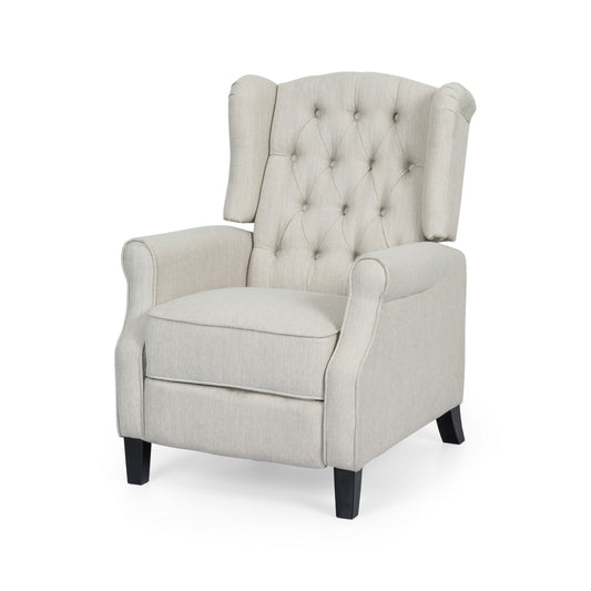 Push Back Recliner, Dark Brown Birch Wood, Beige Button Tufted Fabric