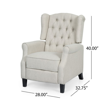 Push Back Recliner, Dark Brown Birch Wood, Beige Button Tufted Fabric