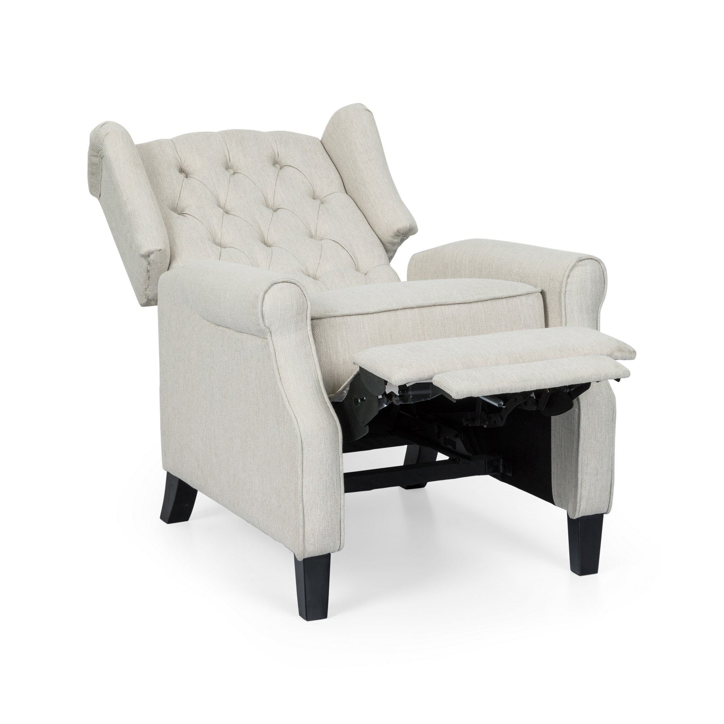 Push Back Recliner, Dark Brown Birch Wood, Beige Button Tufted Fabric