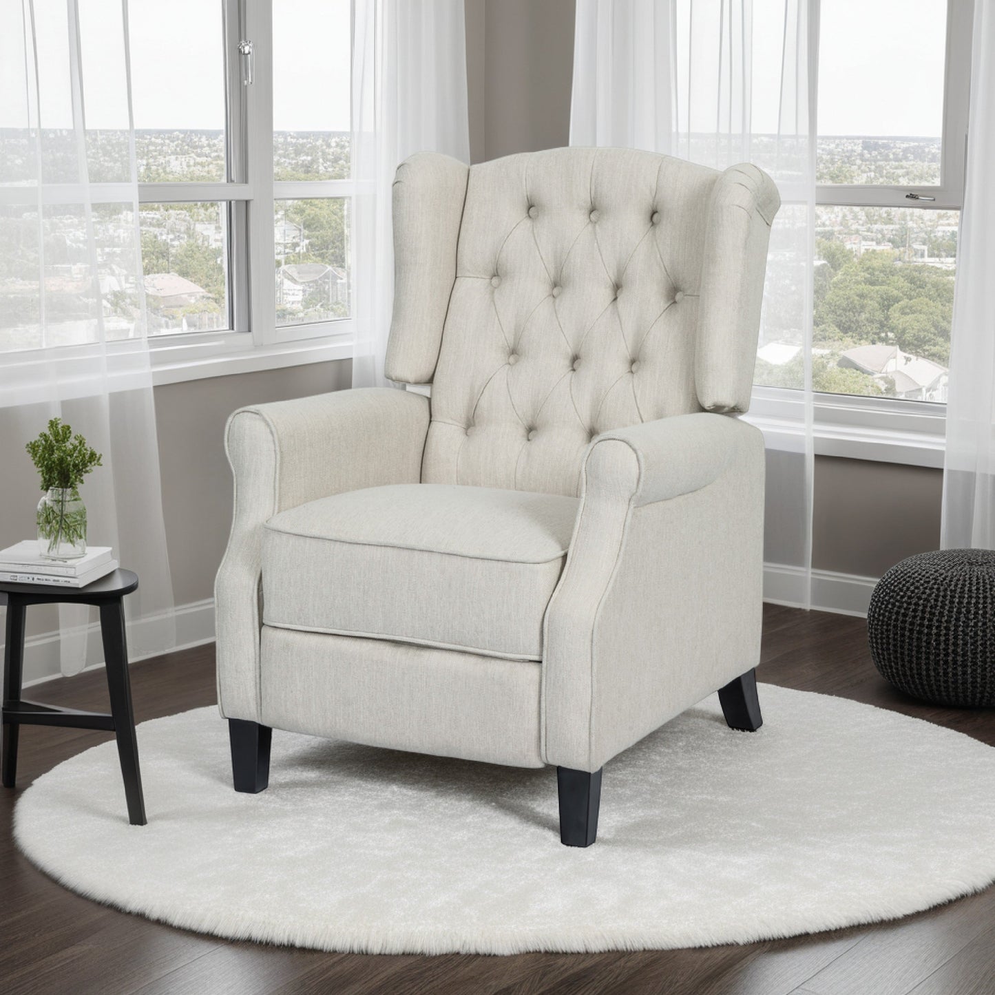 Push Back Recliner, Dark Brown Birch Wood, Beige Button Tufted Fabric