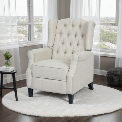 Push Back Recliner, Dark Brown Birch Wood, Beige Button Tufted Fabric