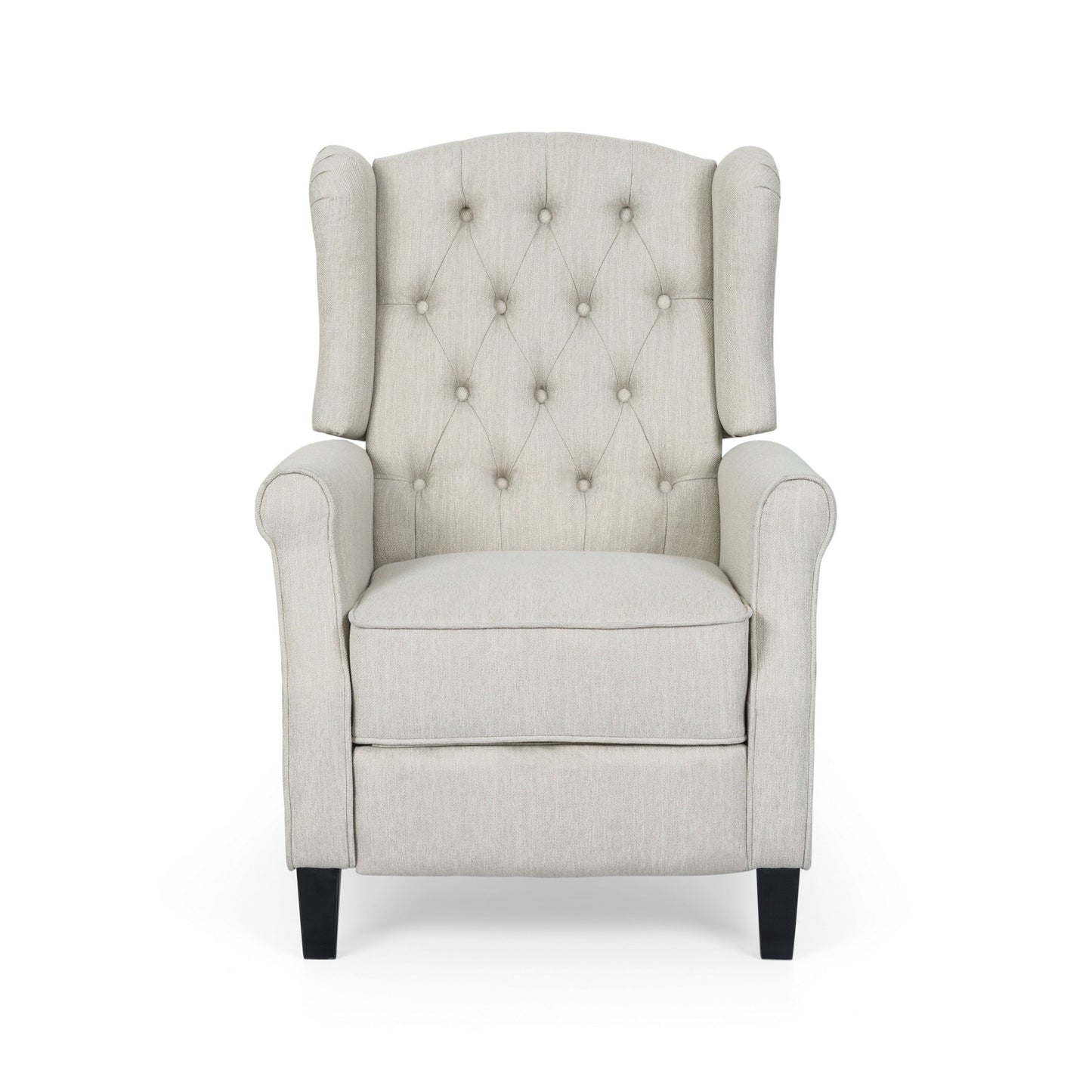 Push Back Recliner, Dark Brown Birch Wood, Beige Button Tufted Fabric