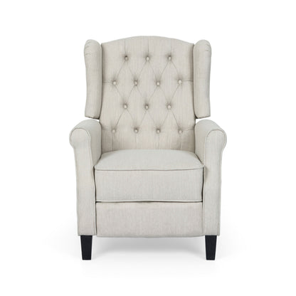 Push Back Recliner, Dark Brown Birch Wood, Beige Button Tufted Fabric