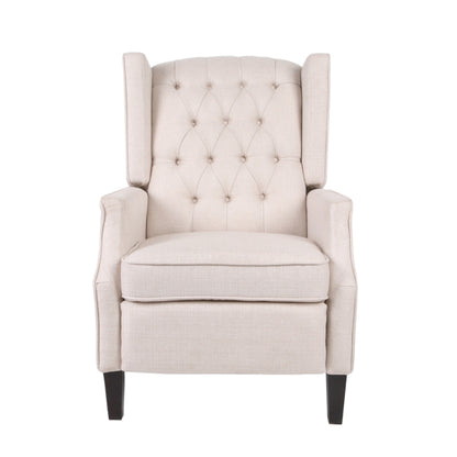 Pushback Recliner Chair, Strutted Legs, Beige Tufted Pleated Fabric