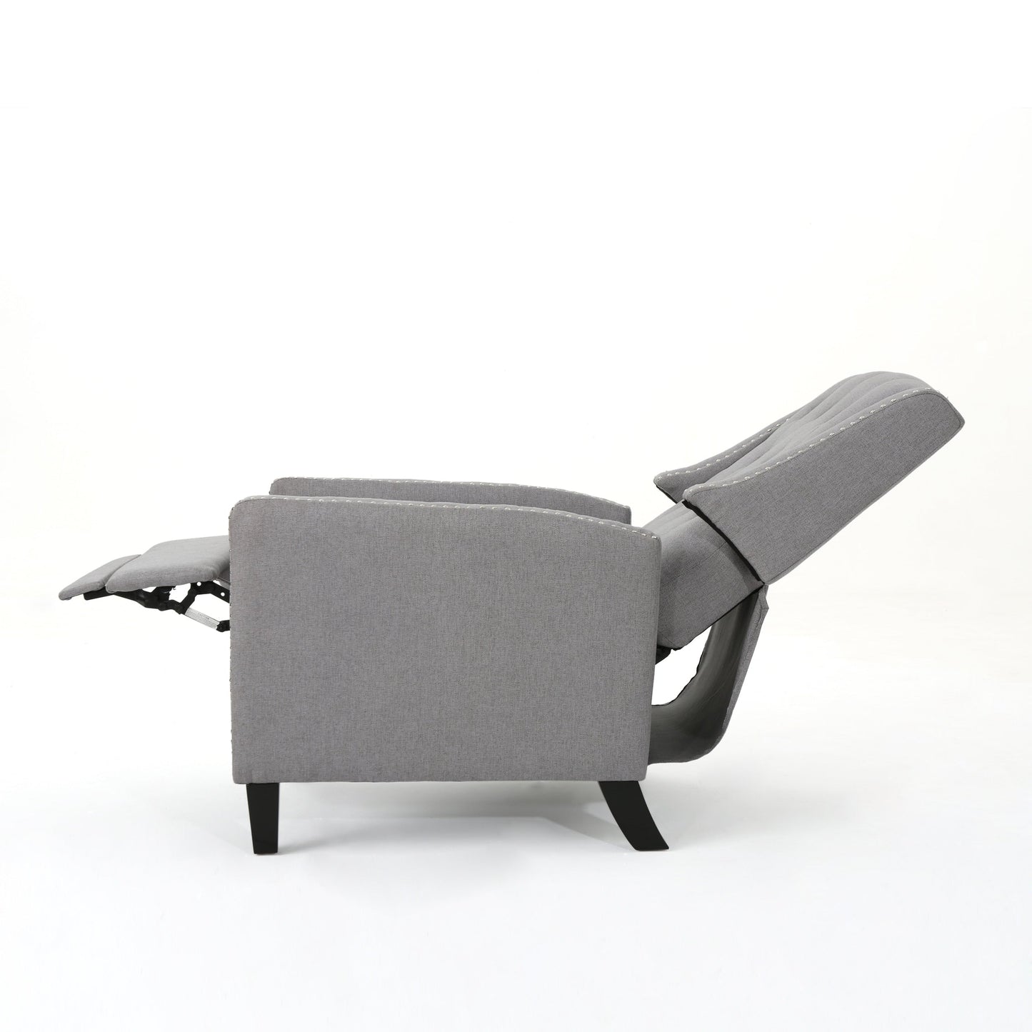 Pushback Recliner Chair, Tufted Back, Birch Wood, Gray Fabric