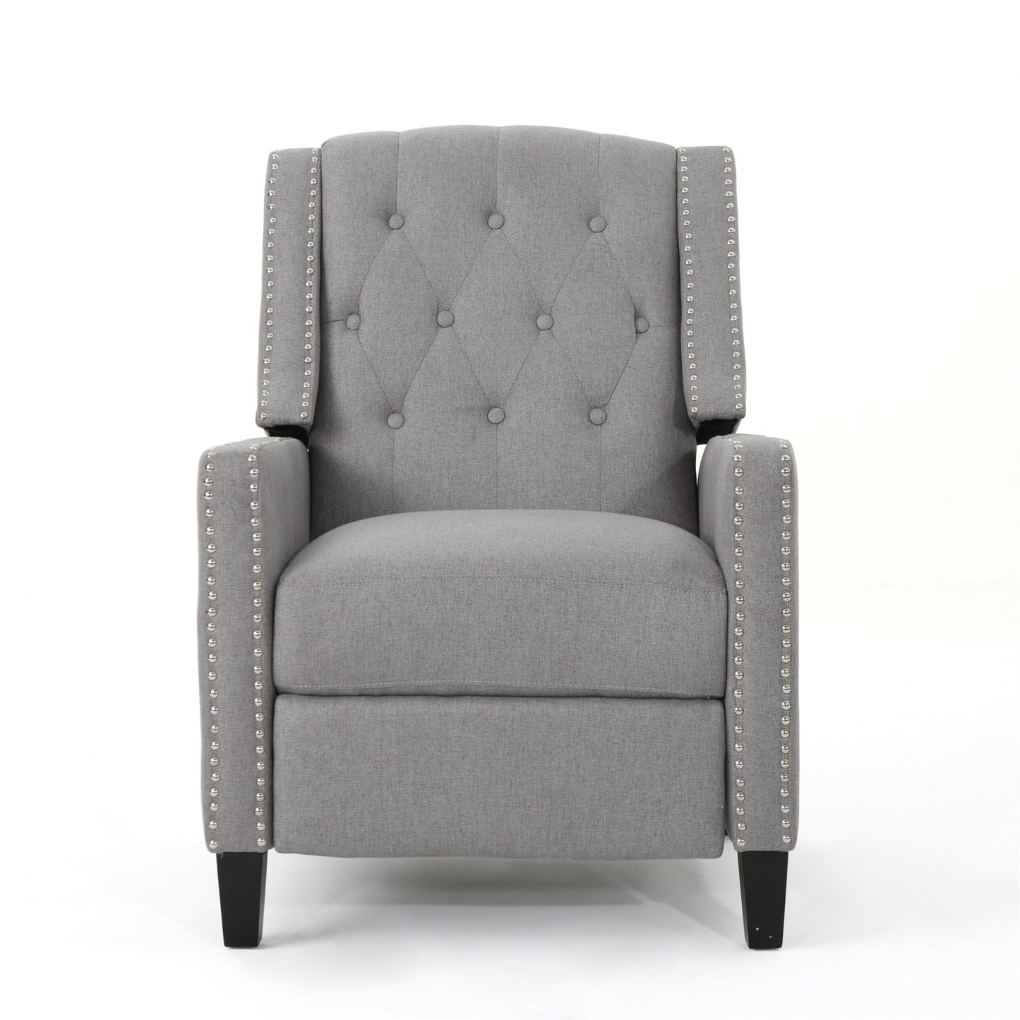 Pushback Recliner Chair, Tufted Back, Birch Wood, Gray Fabric