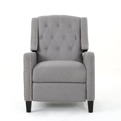 Pushback Recliner Chair, Tufted Back, Birch Wood, Gray Fabric