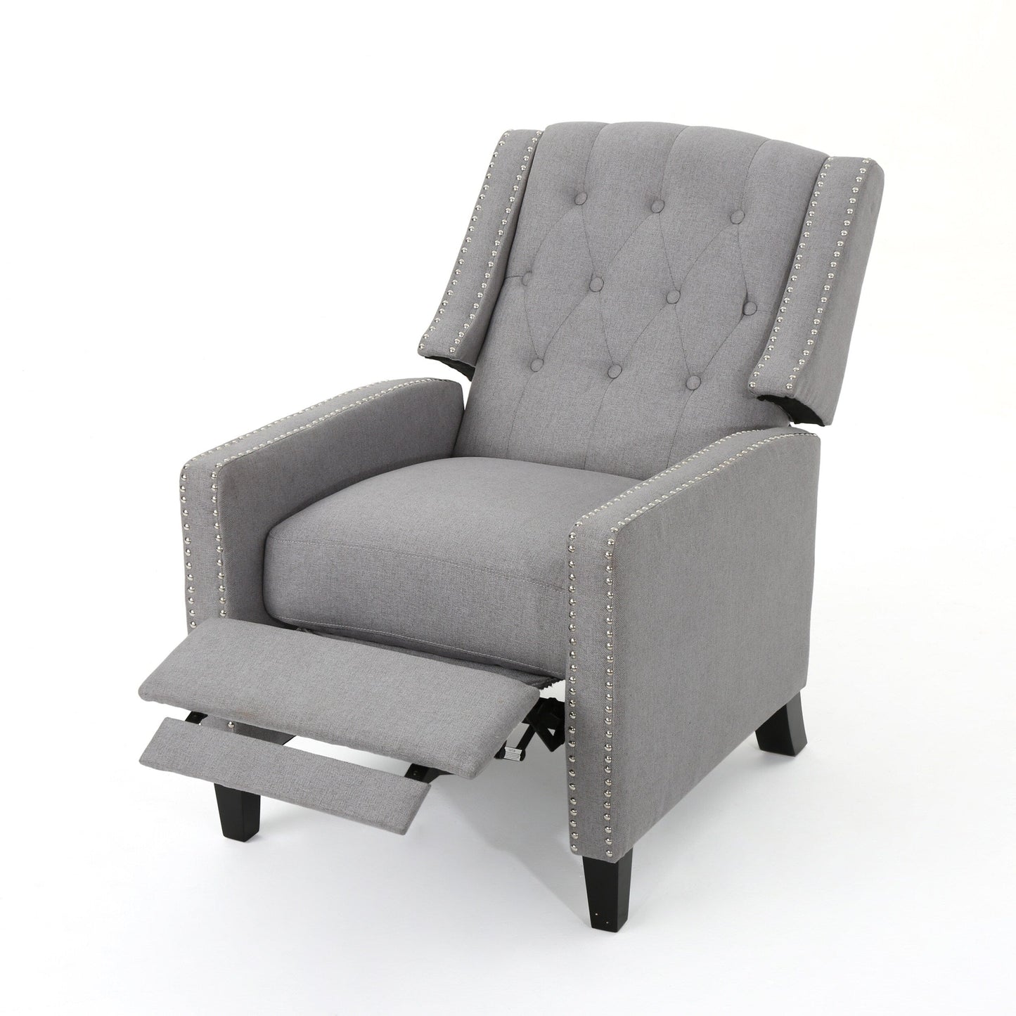 Pushback Recliner Chair, Tufted Back, Birch Wood, Gray Fabric