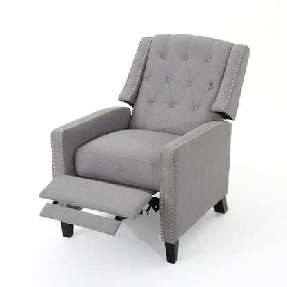 Pushback Recliner Chair, Tufted Back, Birch Wood, Gray Fabric