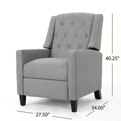 Pushback Recliner Chair, Tufted Back, Birch Wood, Gray Fabric