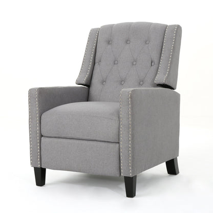 Pushback Recliner Chair, Tufted Back, Birch Wood, Gray Fabric