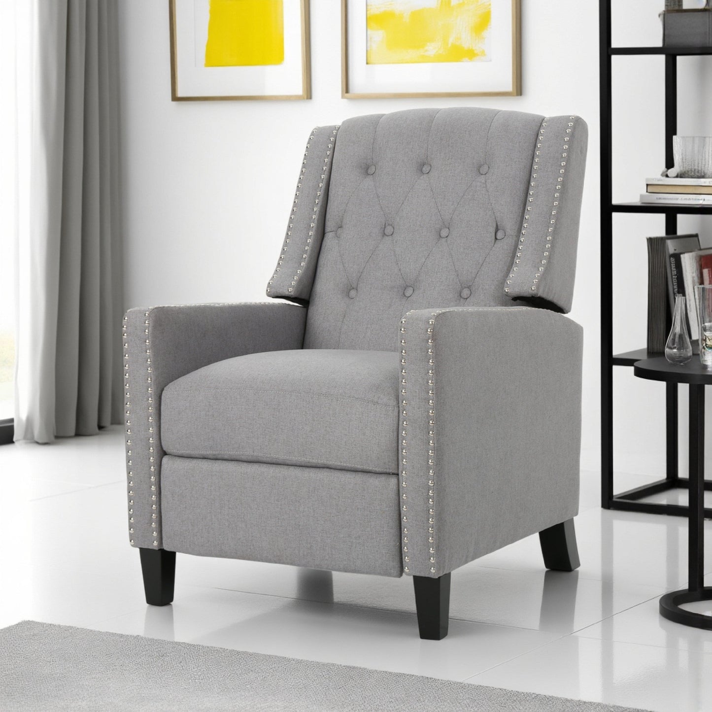 Pushback Recliner Chair, Tufted Back, Birch Wood, Gray Fabric