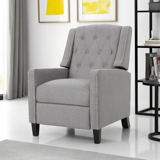 Pushback Recliner Chair, Tufted Back, Birch Wood, Gray Fabric
