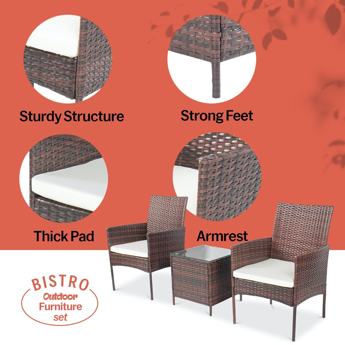 Pyramid Home Decor Rattan 3-piece Patio Bistro Set
