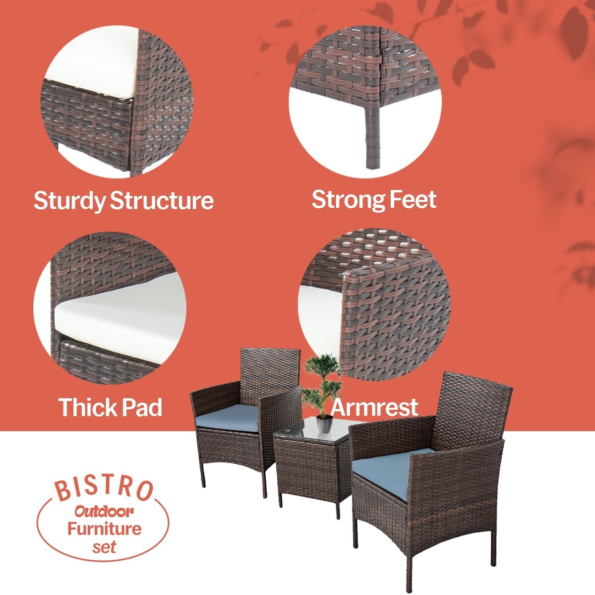 Pyramid Home Decor Rattan 3-piece Patio Bistro Set