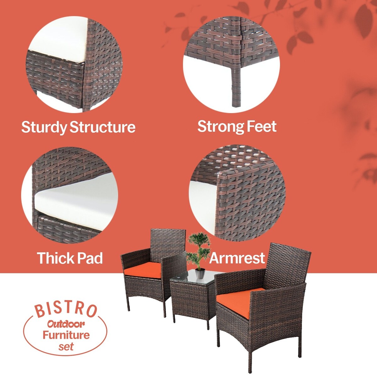 Pyramid Home Decor Rattan 3-piece Patio Bistro Set