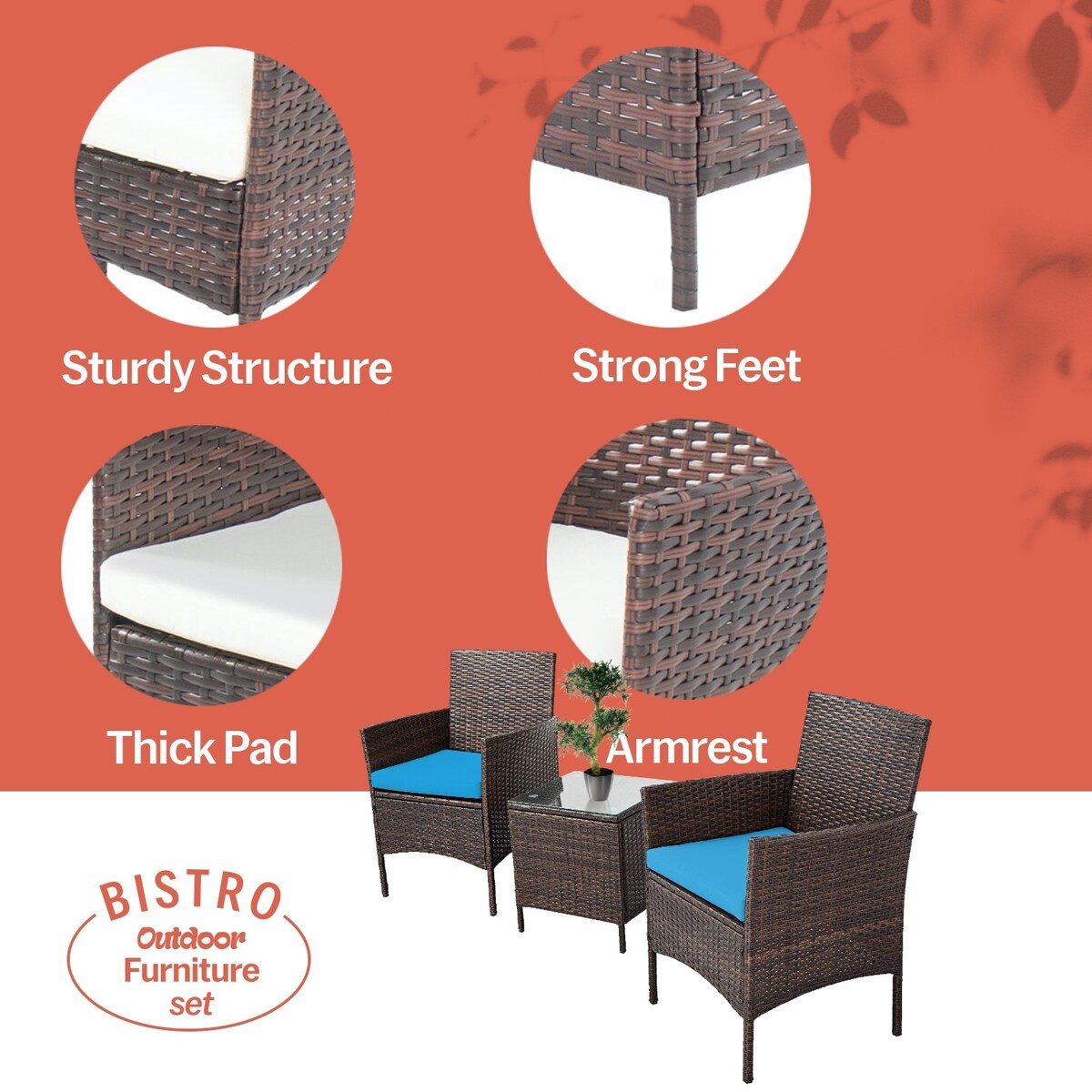 Pyramid Home Decor Rattan 3-piece Patio Bistro Set