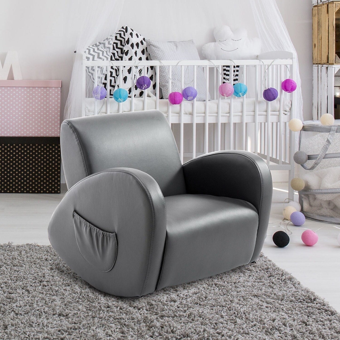 Qaba 20 Kids Sofa Rocking Base Armchair Childrens Furniture with 2 Side Pockets & a Durable PU Material, Grey