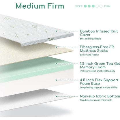 Queen Mattress, 6 Inch Memory Foam, Breathable Bamboo Cover, Medium Firm Green Tea Gel
