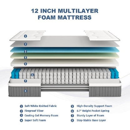 Queen Mattress,12 Inch Euro Top Hybrid Mattress, Gel Memory Foam with Pocket Spring Mattress in a Box for Cool Sleep