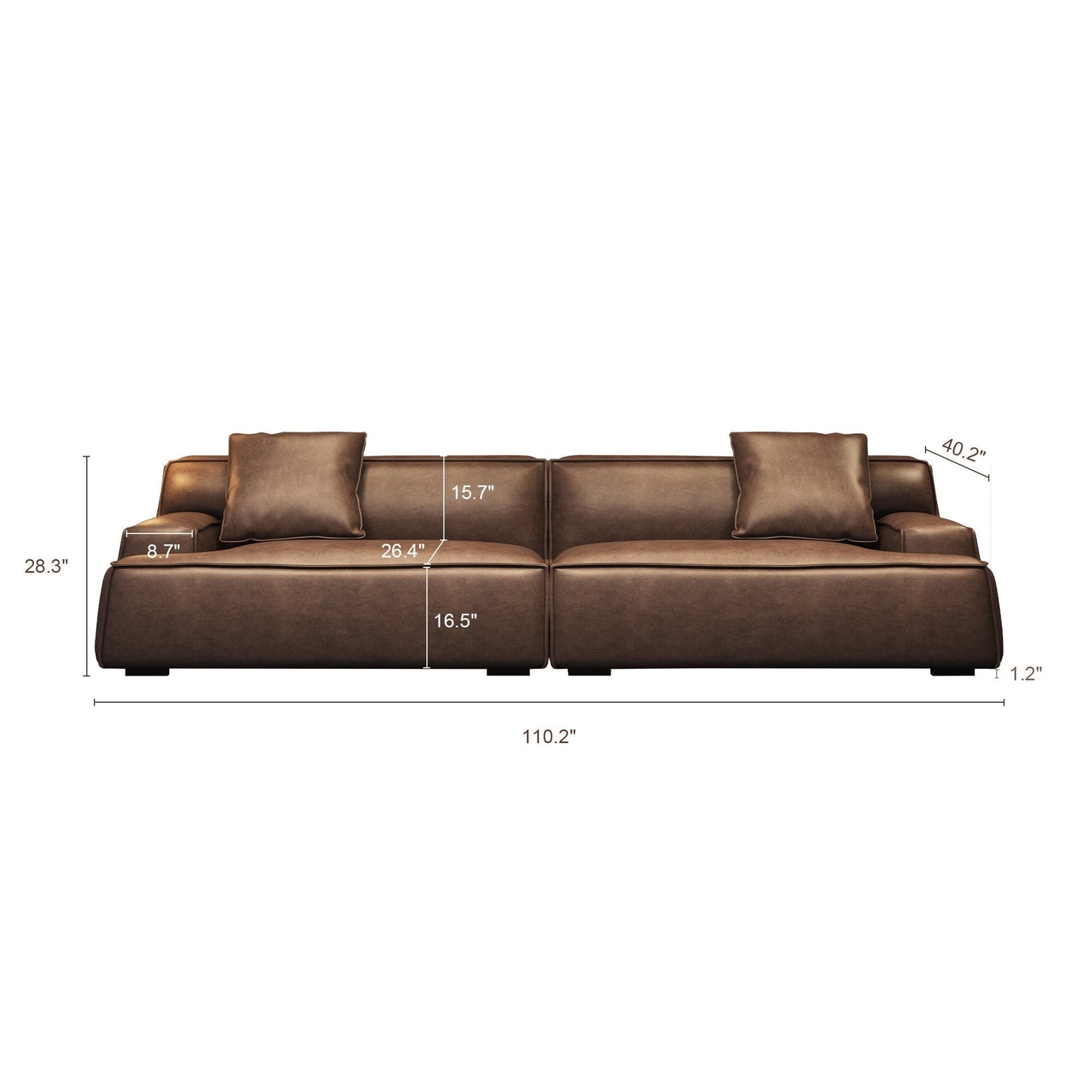 Recessed Arms Couch Leather Upholstered Sofa for Living Room-110.2W - 110.2 x 28.35