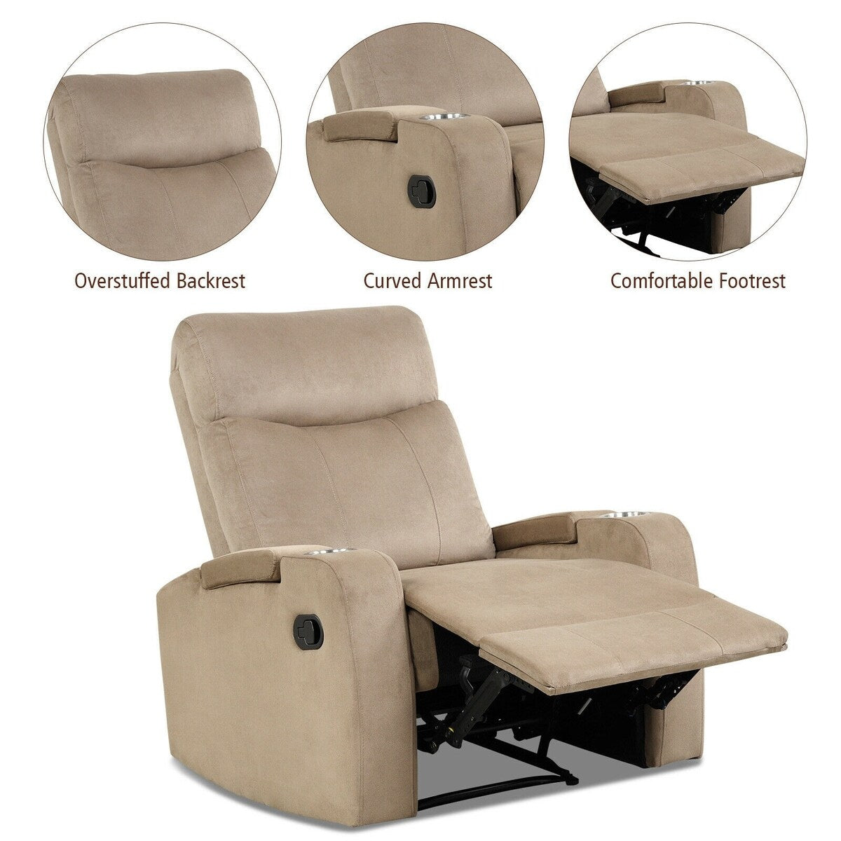 Recliner Chair Single Sofa Lounger with Arm Storage and Cup Holder for Living Room