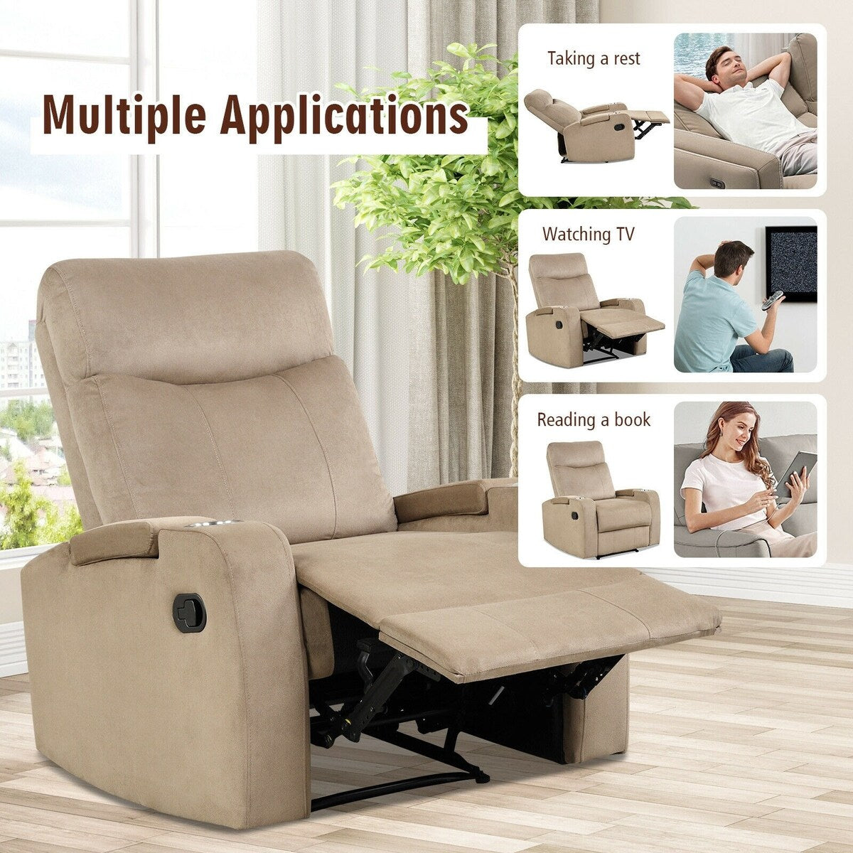 Recliner Chair Single Sofa Lounger with Arm Storage and Cup Holder for Living Room